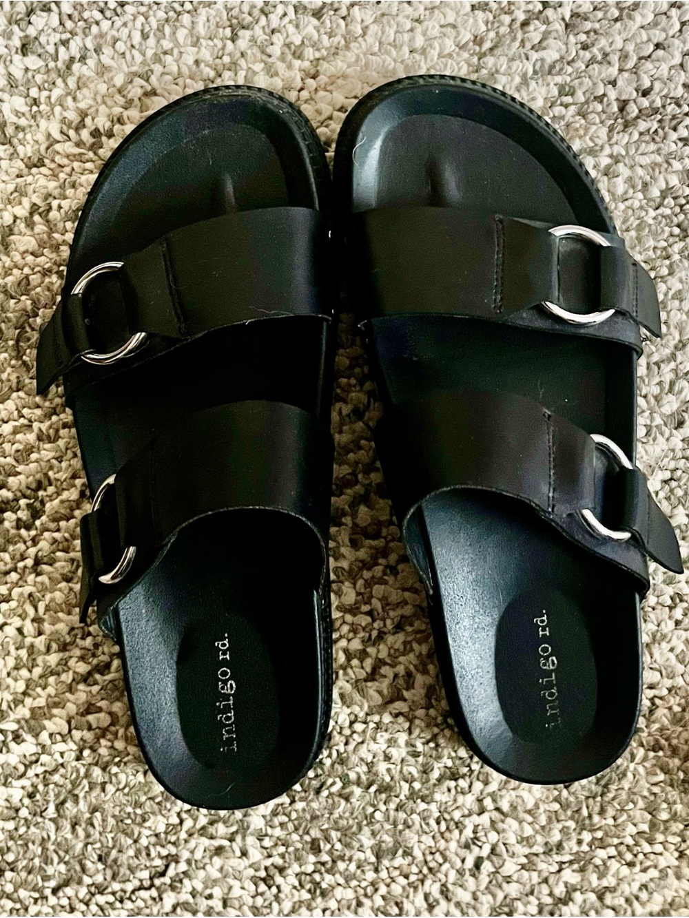 Indigo Black Double-Band Slide Sandals with Silver Rings Size 8